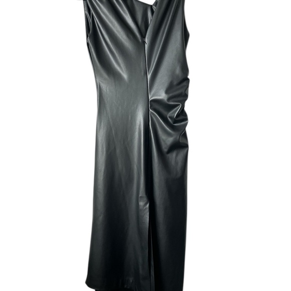 ZARA Black Faux Leather Assymetric Sleeveless Cinched Medium Dress BNWT - Picture 3 of 12